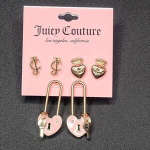 Juicy‎ Couture 3 Pair Earring Set Gold JC Heart Tiara Pink Lock Key Coquette NEW
